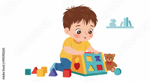 A cute cartoon boy intently plays with a colorful shape sorter toy and blocks, fostering early learning and development in a playful and engaging environment.