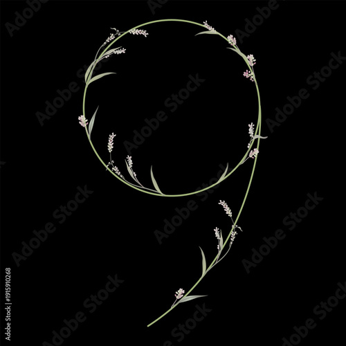 Digit 9 with floral motifs. Numeral nine. Botanical font with herbs and wildflowers. Blooming green branches of Polygonum plant. Knotweed or Smartweed flower. Isolated on black background.