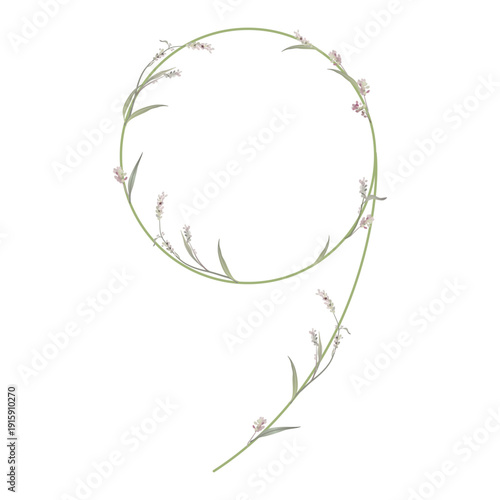 Digit 9 with floral motifs. Numeral nine. Botanical font with herbs and wildflowers. Blooming green branches of Polygonum plant. Knotweed or Smartweed flower. Isolated on white background.