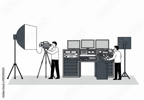 Video Production Studio with Camera Operator and Control Room Engineer Managing Equipment