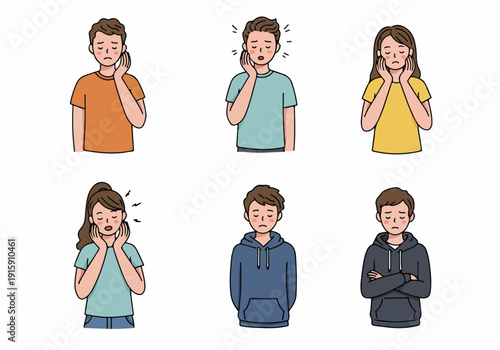 Cartoon characters illustrating common discomforts: men and women experiencing toothache, jaw pain, and feelings of sadness or disappointment, on a white background.