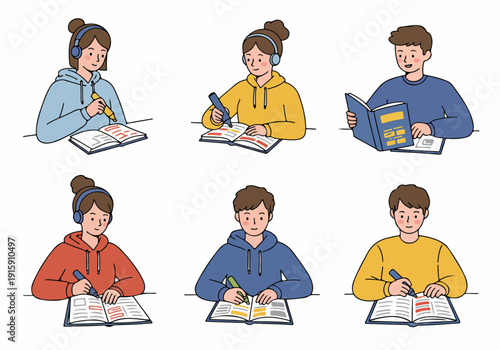 Diverse cartoon students engaged in reading, highlighting, and self-study, some wearing headphones for focused learning, depicting education and academic pursuit.