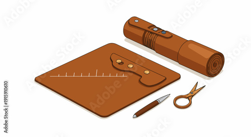 Isometric illustration of leather crafting tools: a rolled mat, measuring board, knife, and scissors on a clean white background.