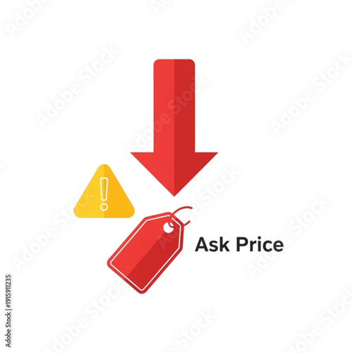 Red price tag with warning sign isolated on transparent background.