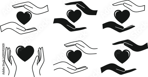 Black vector silhouettes of hands holding and protecting hearts set, care and charity icons for health, love, and community design