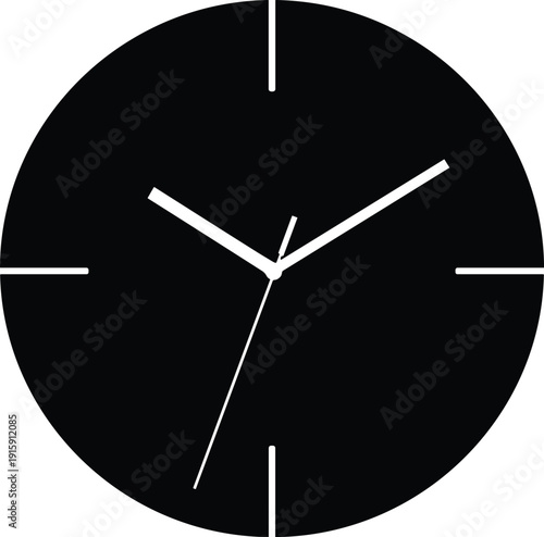 Minimalist black round wall clock face silhouette vector illustration, modern time icon with hands and markers for design and decor