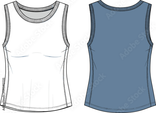 Technical fashion sketch of women sleeveless tank top vector template, crew neck vest flat drawing for apparel design tech pack