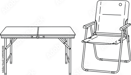A simple line drawing of a table and a camping chair side by side on a white background.