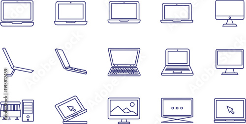 Laptop and desktop computer monitor outline icons showing various electronic device display and hardware interface