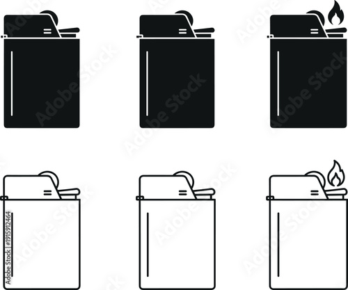 Set of lighter icons in filled and outline styles including flame ignition and smoking lighter variations