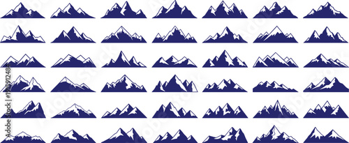 Mountain range silhouettes in blue showing different peak shapes for outdoor adventure and nature landscape designs