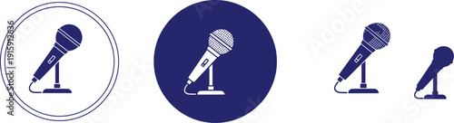 Set of four different vector microphone icons on stands, symbolizing audio recording and vocal performances