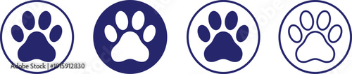 Animal paw print icon set containing four different blue circular stamps with canine foot marks and outline design
