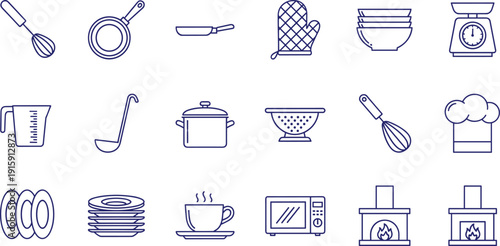 Kitchen utensils icons collection showcasing blue line art drawings of cooking tools and household dinnerware set