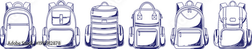 School backpack collection featuring six various blue outline drawing styles of travel bags and student rucksacks