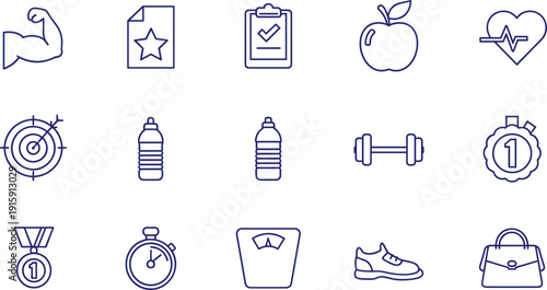 Set fitness icons isolated on transparent background. collection different sports and recreation symbols in linear style
