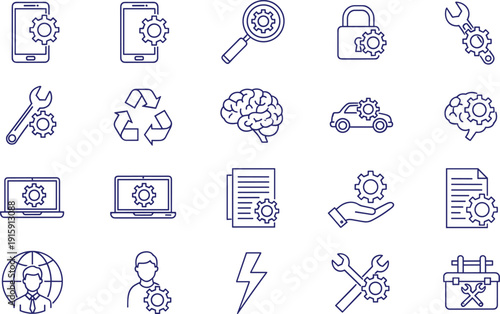 Business solution and technical support icon set with mechanical gears symbols on transparent grid background style
