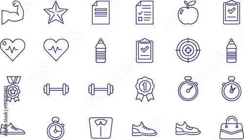 Fitness and healthy lifestyle icon set with gym equipment and sports accessories on transparent background pattern