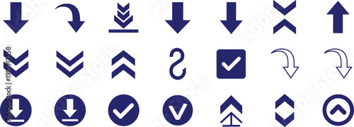 Collection of various arrow icons including down, up, check, and download symbols in blue color