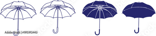 Set of four blue umbrellas open showing outline and solid fill isolated against a transparent background