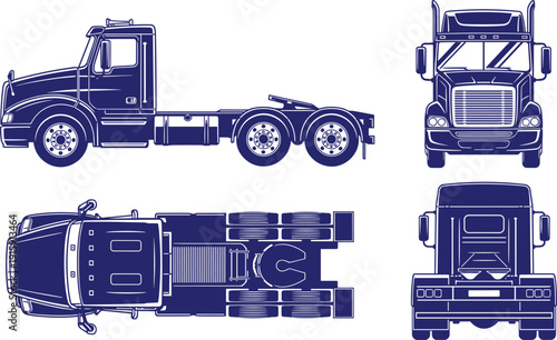 Truck cab with chassis various views front side back top for heavy goods transportation vehicle