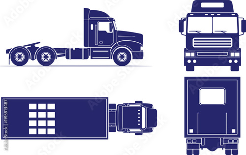 Large semi truck with sleeper cab and trailer various views isolated on transparent background