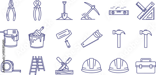 Collection of blue construction tool icons including hammer saw drill and ladder on gray transparent background