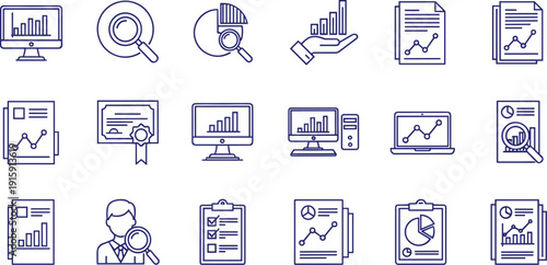 Business data analytics icons showing financial charts computer screens and reports for corporate office success