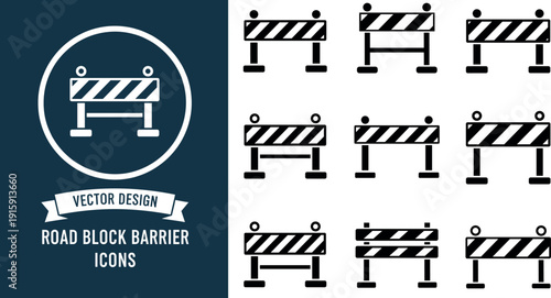 Set of minimal road block barrier icons with striped barricades for construction safety and traffic control design