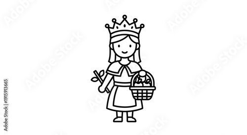 Cute Queen Character Holding Basket and Branch, Royalty Icon, Simple Line Art