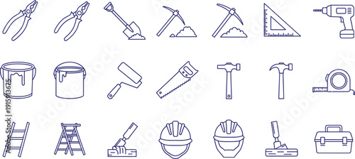 Engineering and architecture work icons showing professional building equipment and safety gear in blue line style