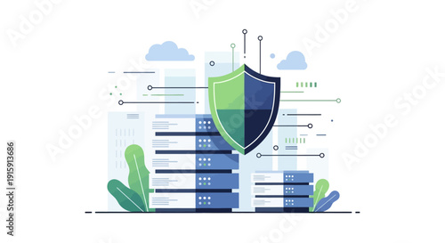 Cybersecurity Concept with Shield and Server Racks for Data Protection and Network Security Illustration