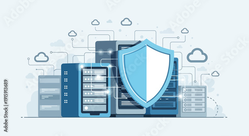 Cybersecurity Concept with Shield and Server Racks for Data Protection and Network Security Illustration