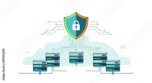 Cybersecurity Concept with Shield and Server Racks for Data Protection and Network Security Illustration