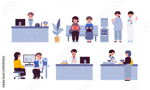 病院での受付・診察から会計までの一連のシーンイラストセット / A set of illustrations of scenes from hospital reception and examination to accounting