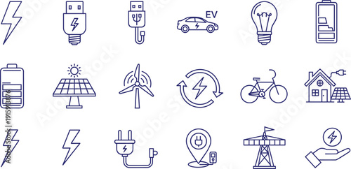 Renewable energy icons set featuring solar panels wind turbines electric vehicles battery levels and power lightning