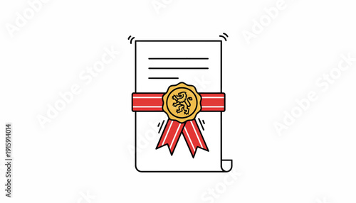 Award Certificate with Golden Seal and Red Ribbon, Diploma Document Icon