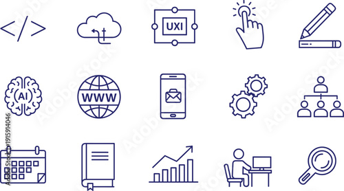 Business and development line icon collection featuring artificial intelligence coding strategy and workflow management
