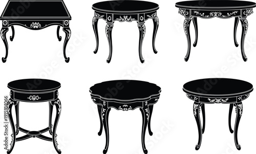 Antique baroque wooden table silhouettes collection, vintage round and square carved furniture set isolated on white background, classic ornamental interior design vector illustration