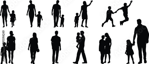 Black family silhouette set, father mother children walking standing jumping holding hands vector illustration isolated on white background collection