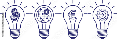 Light bulb idea concepts with gears puzzle euro and target symbols for creative business solutions and innovation