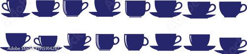 Set of vector cups and saucers, kitchen utensils icon, tea and coffee mugs, teacup for design