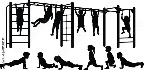 Children playground fitness activity silhouettes, kids climbing monkey bars, hanging and exercising outdoors, healthy childhood sport training vector illustration