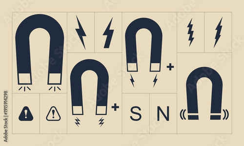 Magnet Icons Collection Horseshoe Electricity Polarity South North Warning Symbols