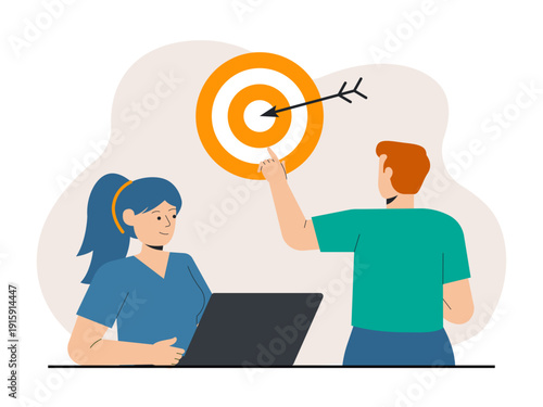 Two characters collaborate in determining goals and a business strategy or casual business presentation concept. Skill building illustration. Flat vector illustration concept.
