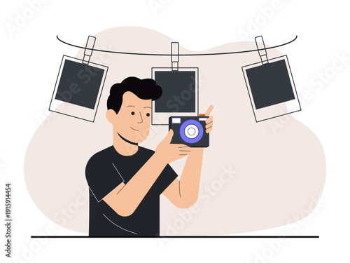 A photographer who captures specific moments, representing a hobby, creative profession, or skill development. Skill building illustration. Flat vector illustration concept.