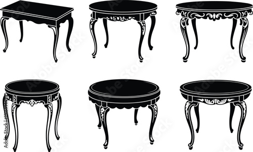 Vintage baroque wooden side table silhouettes set, antique round and rectangular carved furniture collection isolated on white background, classic ornamental interior design vector illustration