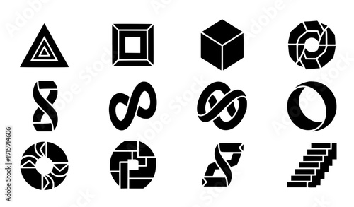 Impossible shapes glyph set vector black optical illusion objects isolated on transparent background