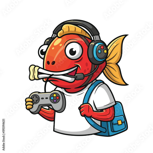 Red Fish Student with Headphones and Controller