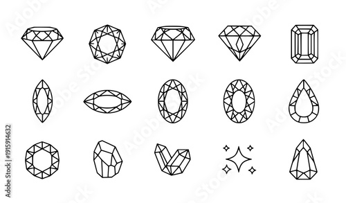 Luxury gemstone thin line icon set vector diamond crystal jewel symbols isolated on transparent background
